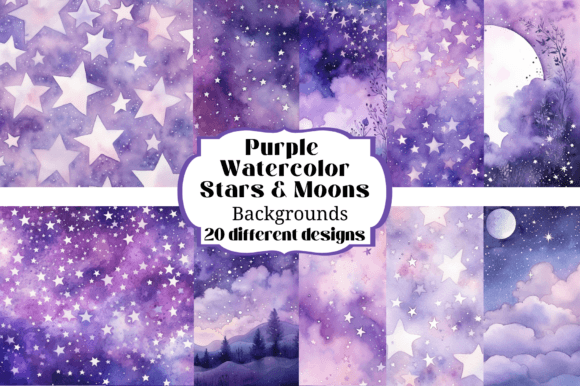 Enchant Your Projects with Purple Watercolor Stars Moon Backgrounds